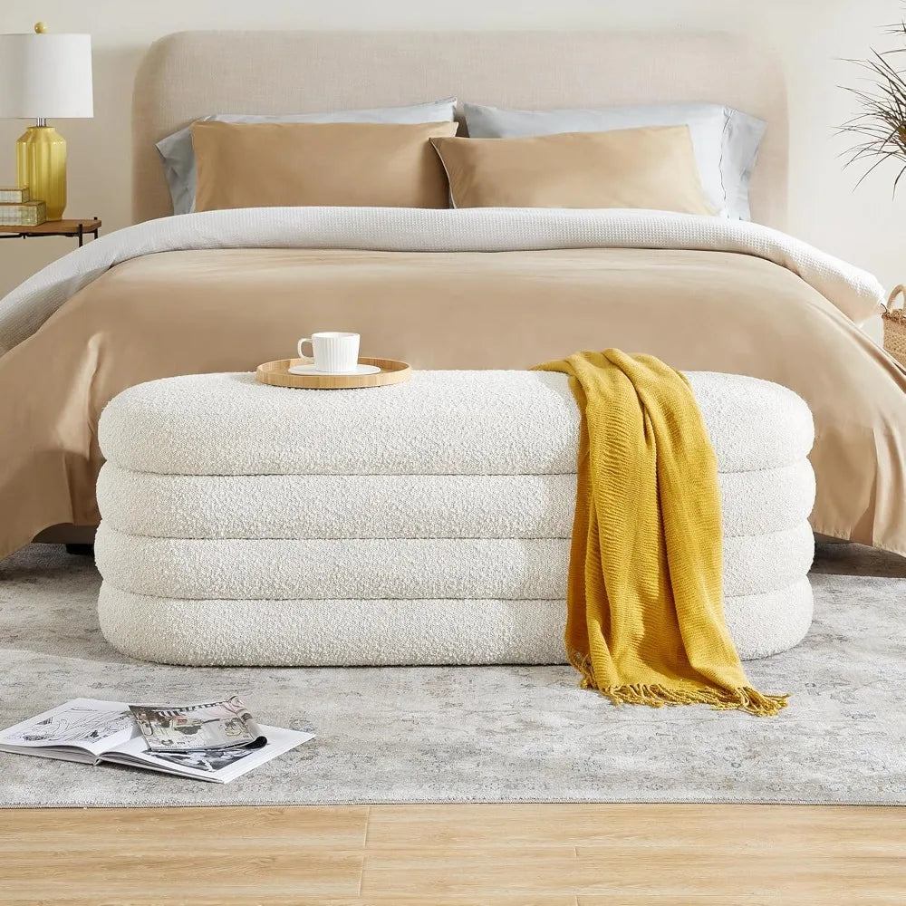 Storage Ottoman Bench 49.2 Inch Upholstered Fabric Storage Bench for Bedroom End of Bed Aesthetic Large Oval Storage Ottoman