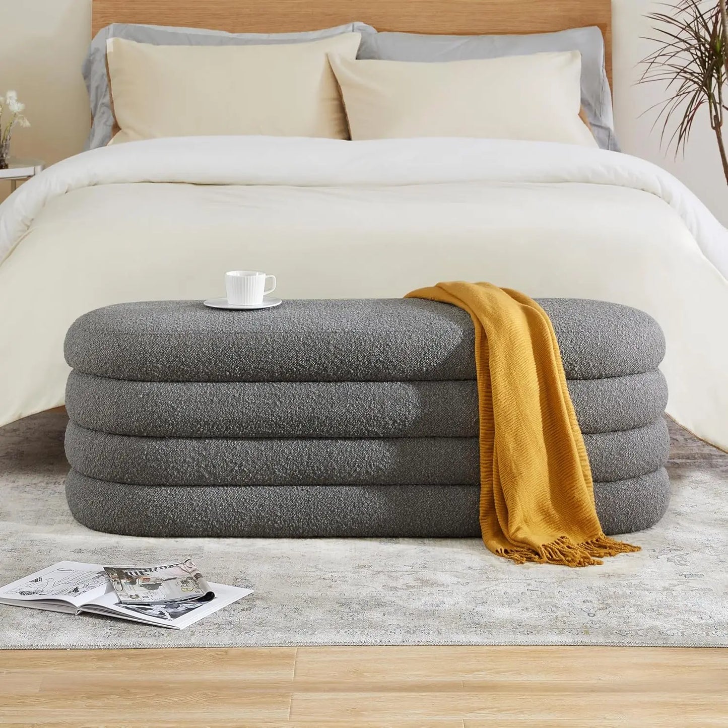 Storage Ottoman Bench 49.2 Inch Upholstered Fabric Storage Bench for Bedroom End of Bed Aesthetic Large Oval Storage Ottoman