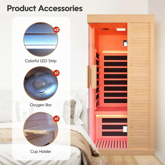 Far Infrared Saunas for Home Indoor Room 1 Person Wood Canadian Hemlock 1420W Low-EMF Dry Sauna with Oxygen Bar