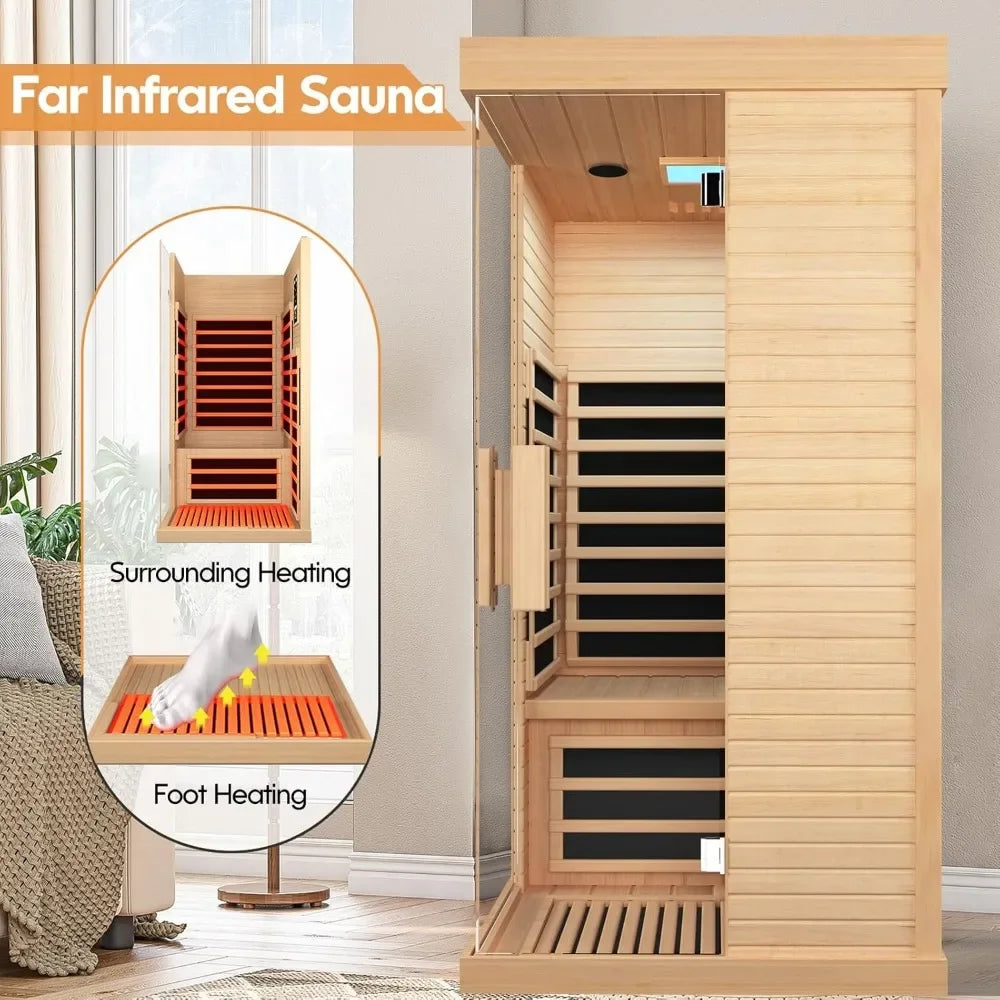 Far Infrared Saunas for Home Indoor Room 1 Person Wood Canadian Hemlock 1420W Low-EMF Dry Sauna with Oxygen Bar