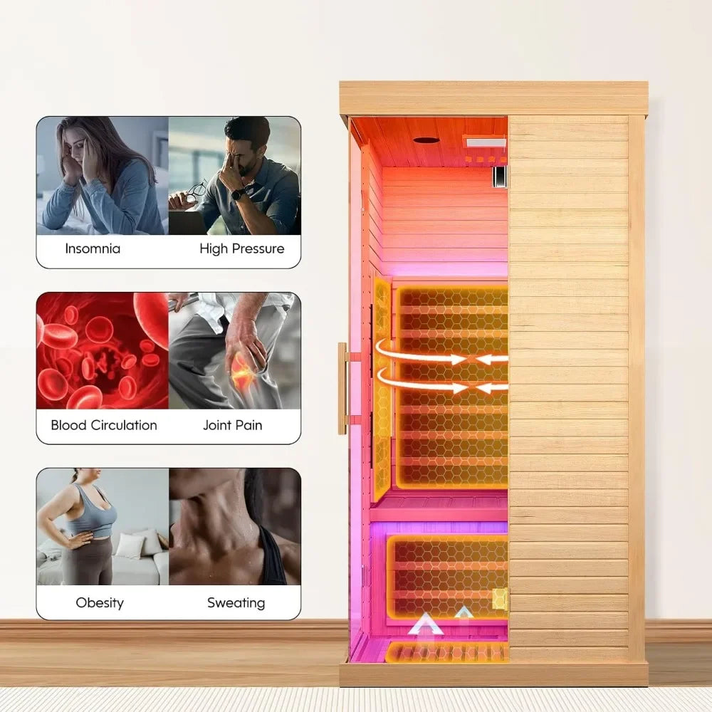 Far Infrared Saunas for Home Indoor Room 1 Person Wood Canadian Hemlock 1420W Low-EMF Dry Sauna with Oxygen Bar