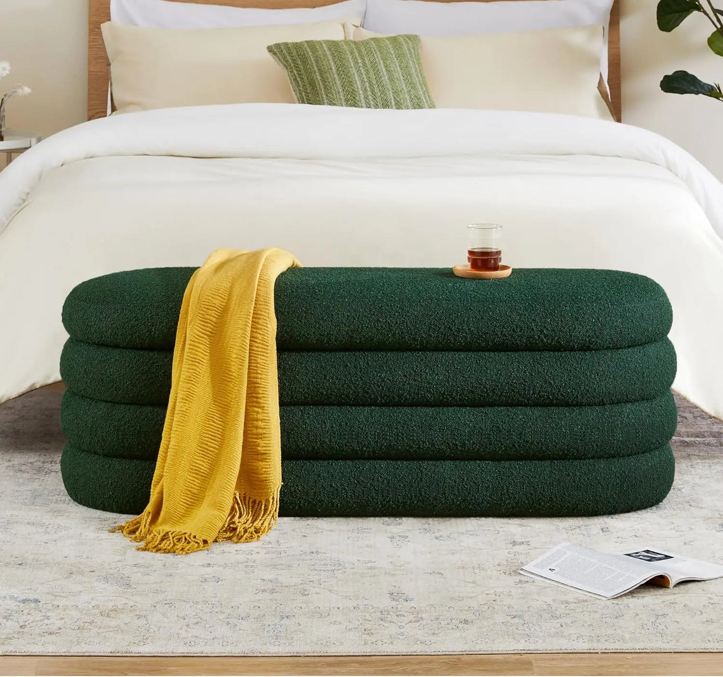 Storage Ottoman Bench 49.2 Inch Upholstered Fabric Storage Bench for Bedroom End of Bed Aesthetic Large Oval Storage Ottoman