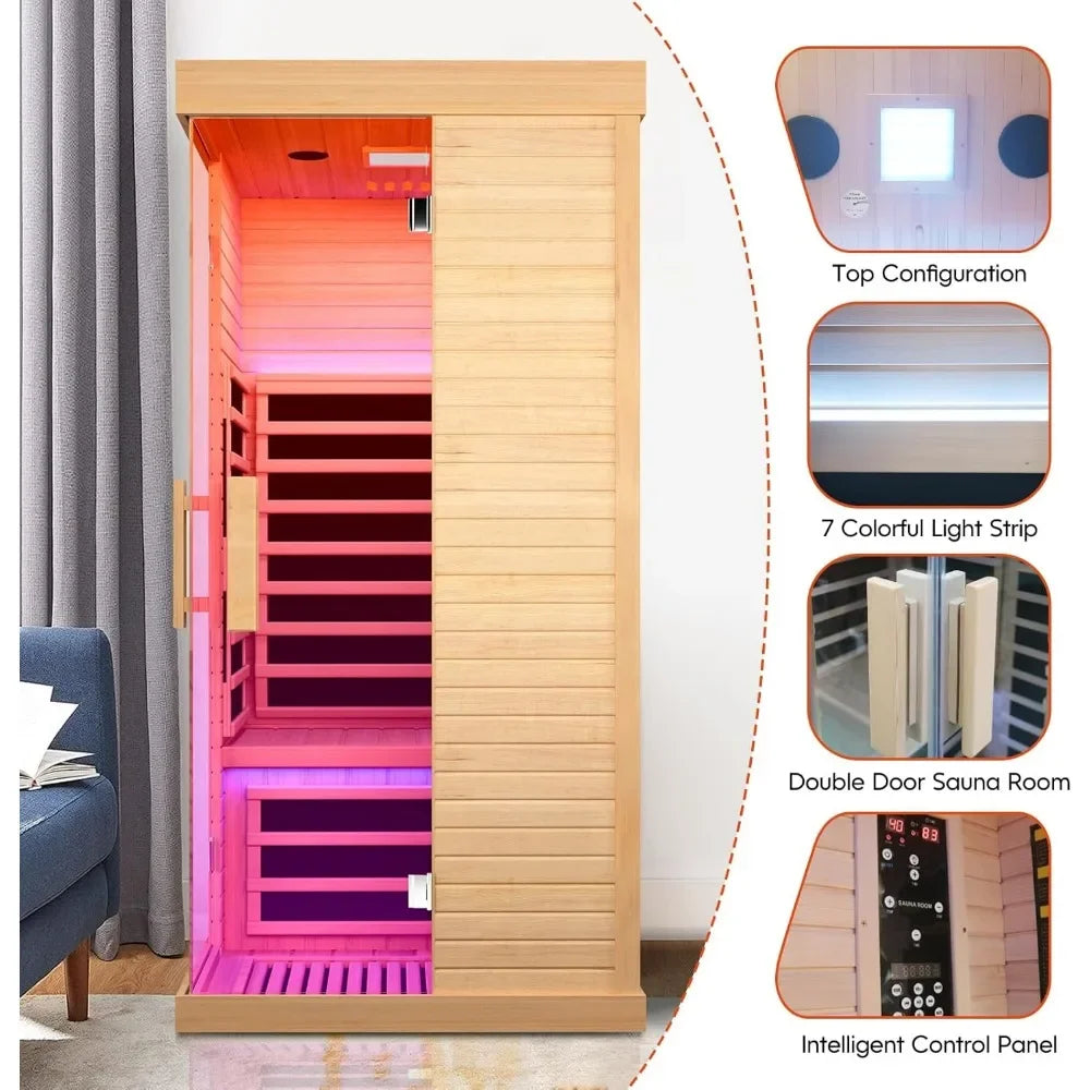 Far Infrared Saunas for Home Indoor Room 1 Person Wood Canadian Hemlock 1420W Low-EMF Dry Sauna with Oxygen Bar