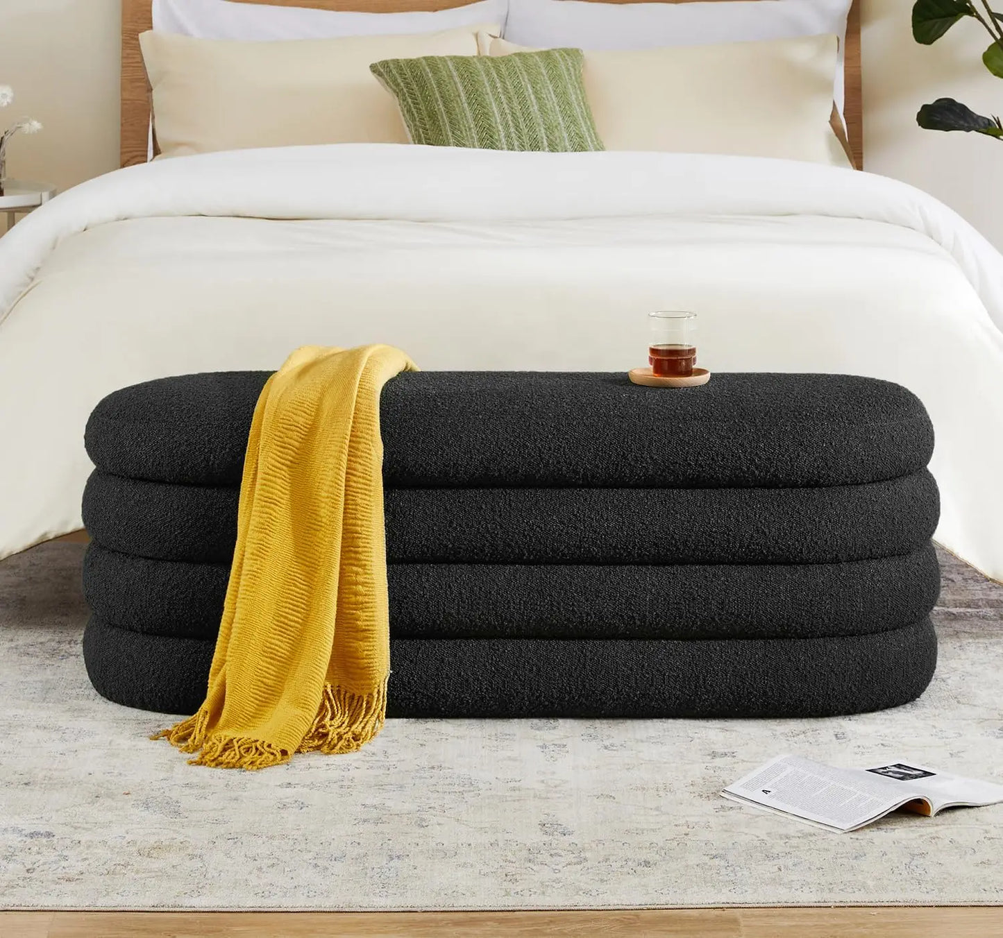 Storage Ottoman Bench 49.2 Inch Upholstered Fabric Storage Bench for Bedroom End of Bed Aesthetic Large Oval Storage Ottoman